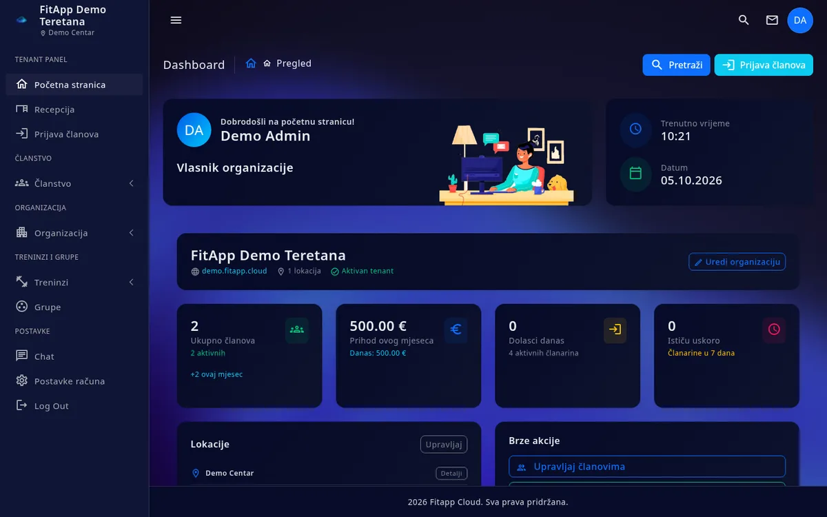 Pregled teretane u programu za teretanu FitApp Cloud